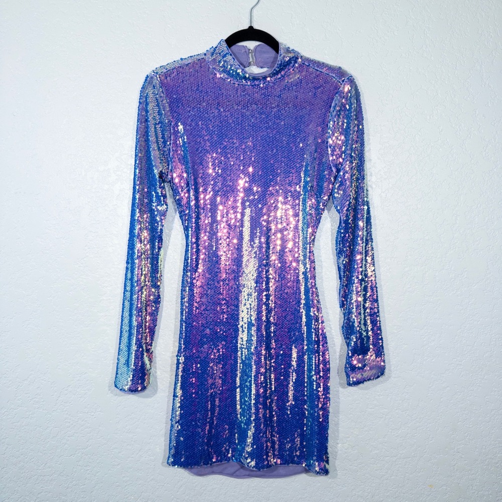 NWT‎ Fashion Nova Purple Disco Doll Sequin Mini Dress Size Large - Picture 2 of 11
